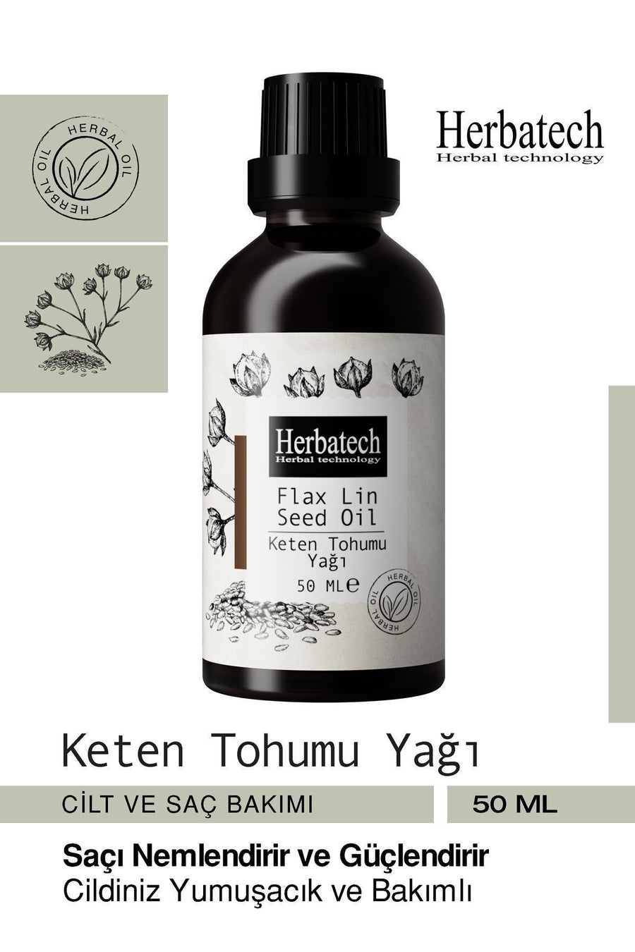 Doğal Keten Tohumu Yağı - Yaşlanma Karşıtı Cilt Ve Saç Bakım Yağı 50 ml