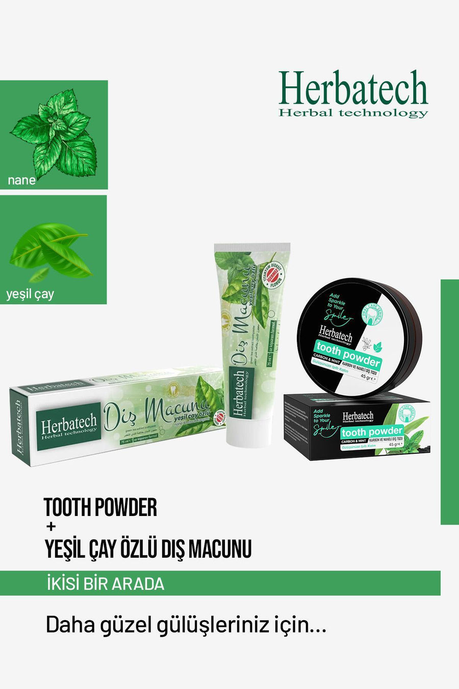 Diş Ağardıcı Dəst - Yaşıl Çay Ekstraktlı Diş Məcunu 75 ml + Diş Tozu 45 qr