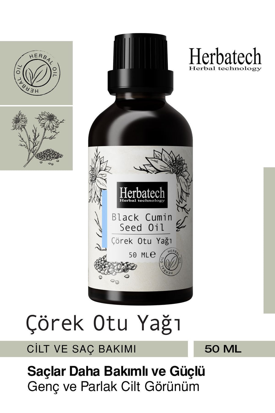 Təbii Qara Zirə Yağı - Tökməyə Qarşı Saç və Bərpaedici Dəri Baxım Yağı 50 ml