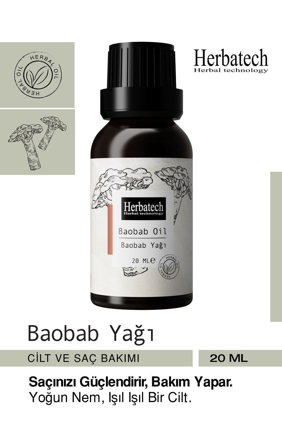Təbii Baobab Yağı - Saç Dəri Üçün Yoğun Bərpaedici və Nəmləndirici Baxım Yağı 20 ml